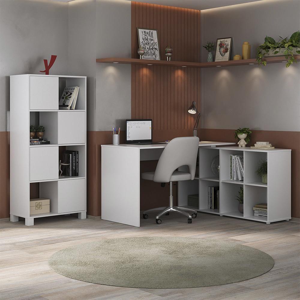 Mesa Escrivaninha Em L Eron E Estante Livreiro Maly A06 Branco - Mpozenato - 2