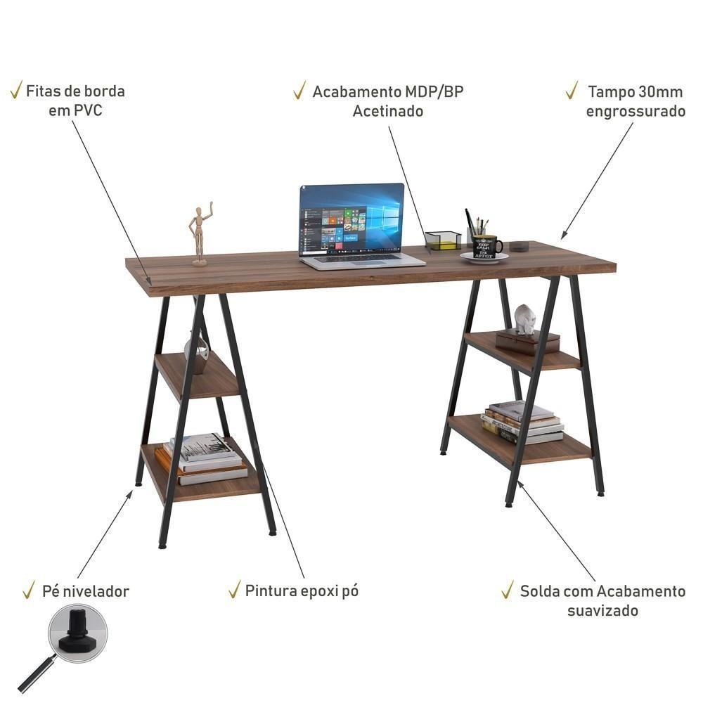 Mesa Escrivaninha Cavalete 150cm Estilo Industrial Prisma C08 Nogal-preto - Mpozenato - 3