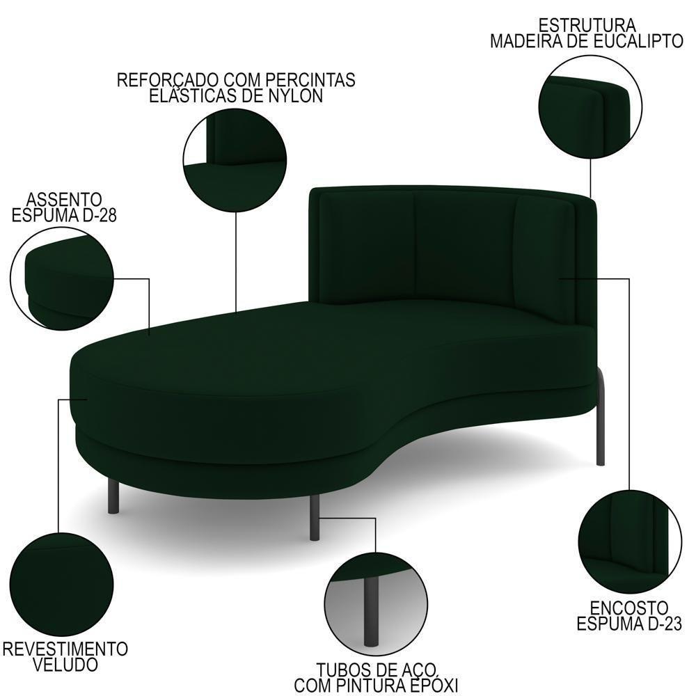 Chaise Longue Divã 164cm Braço Direito Logus D06 Veludo Verde - Mpozenato - 3