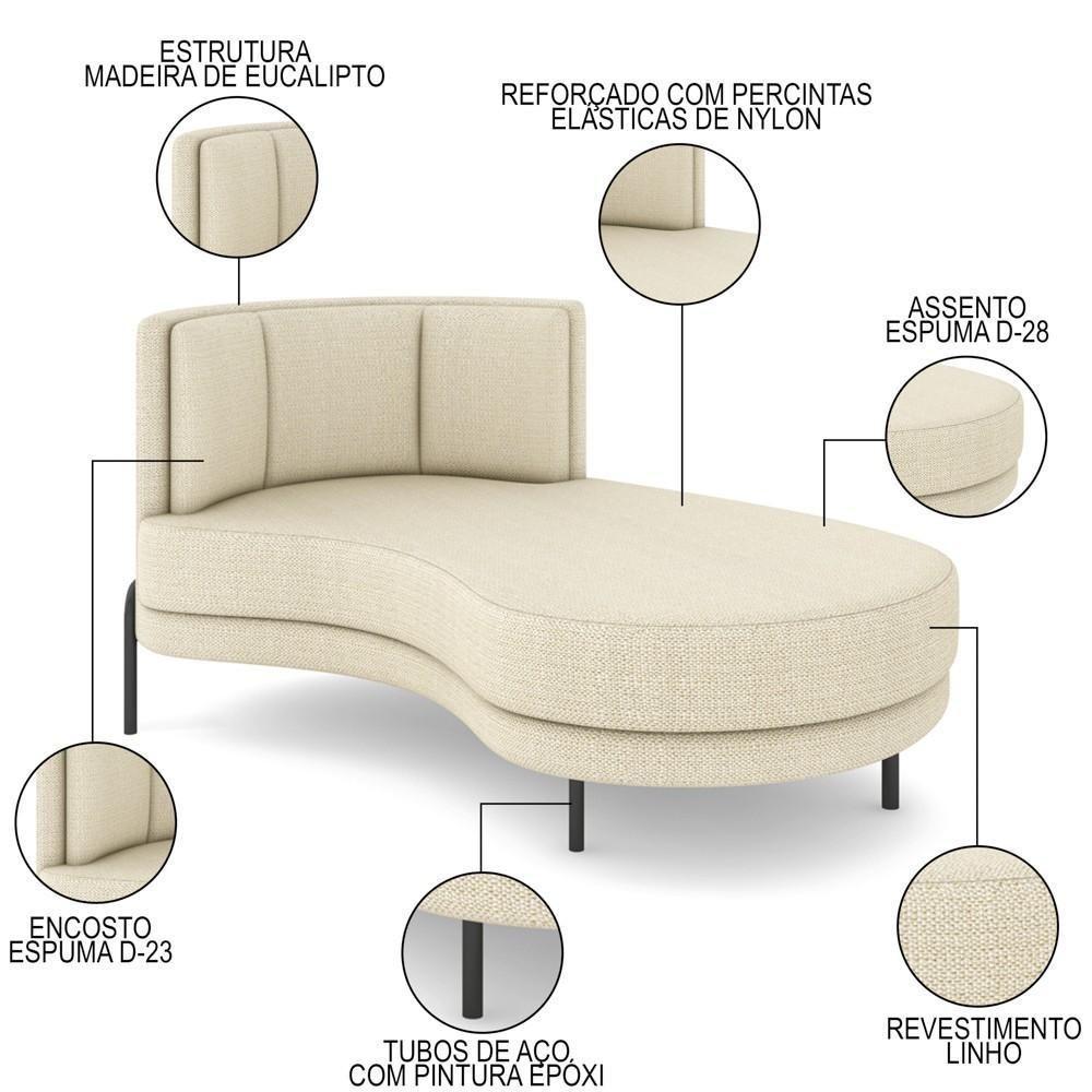 Chaise Longue Divã 164cm Braço Esquerdo Logus D06 Linho Creme - Mpozenato - 3