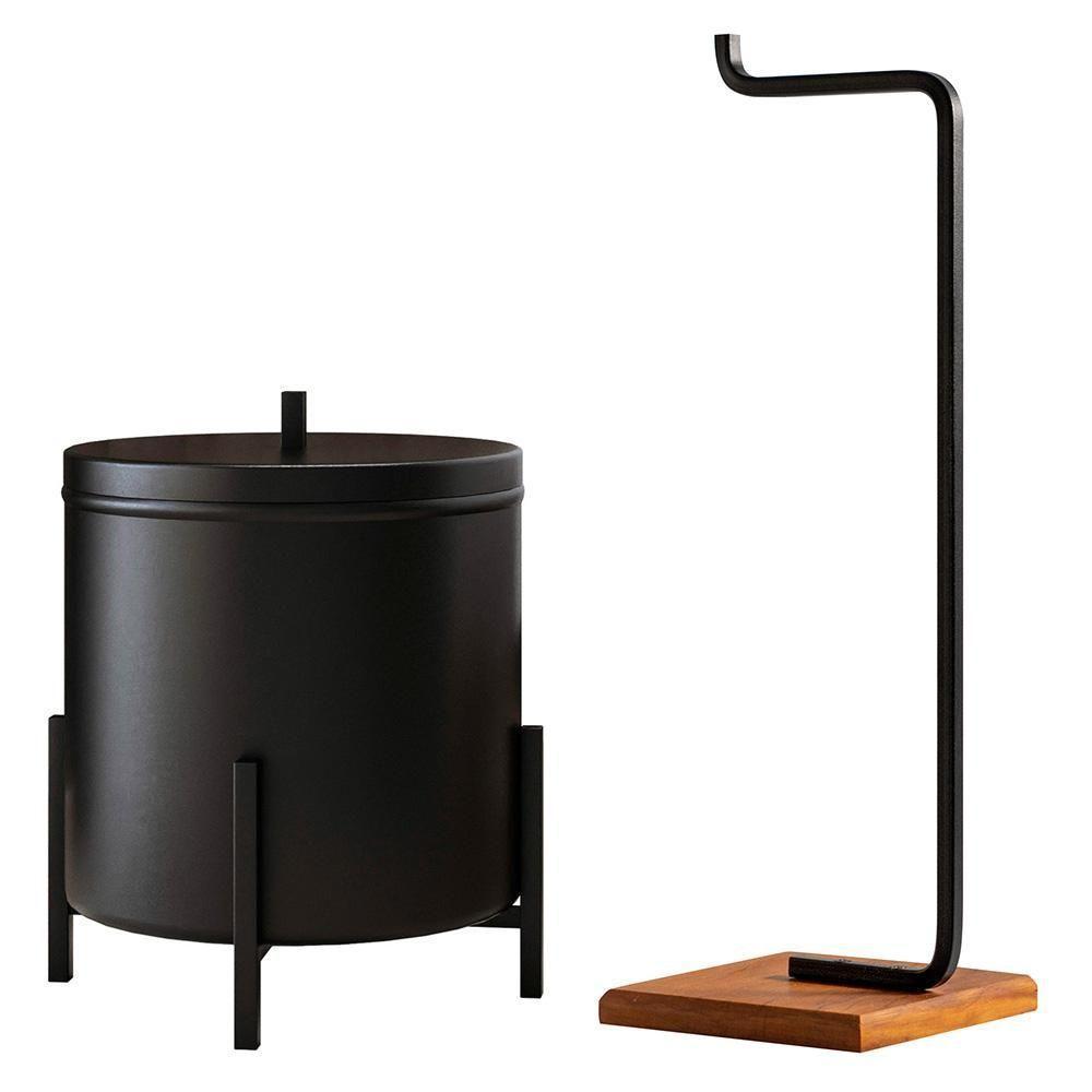 Lixeira E Porta Papel Higiênico Com Base De Madeira Glam D09 Preto - Mpozenato - 1