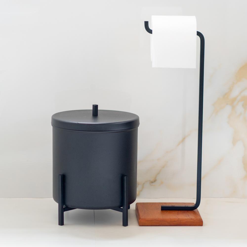 Lixeira E Porta Papel Higiênico Com Base De Madeira Glam D09 Preto - Mpozenato - 2