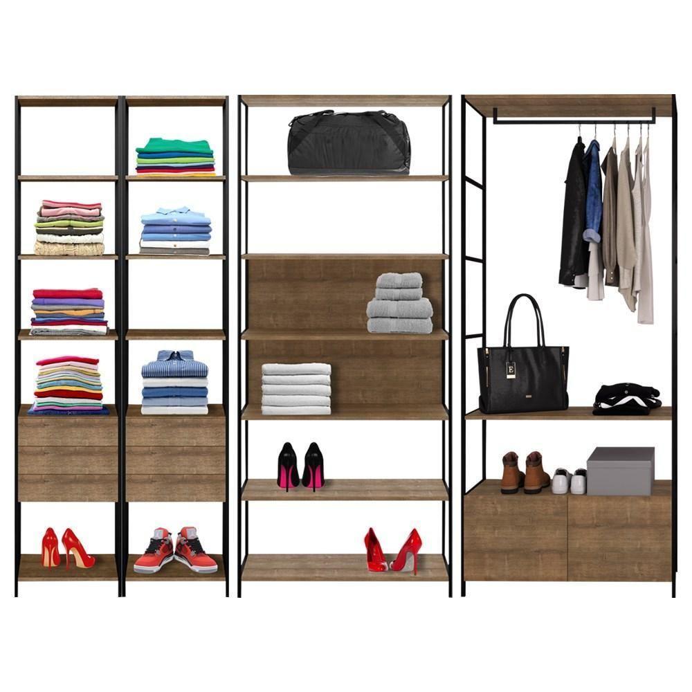 Quarto Modulado Closet 4 Módulos Estilo Industrial Steel Quadra Vermont Base Preto - Artesano - 4