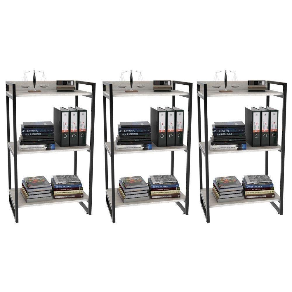 Kit 3 Estantes Livreiro Prisma Estilo Industrial 60cm 3 Prateleiras C08 Snow - Mpozenato - 1