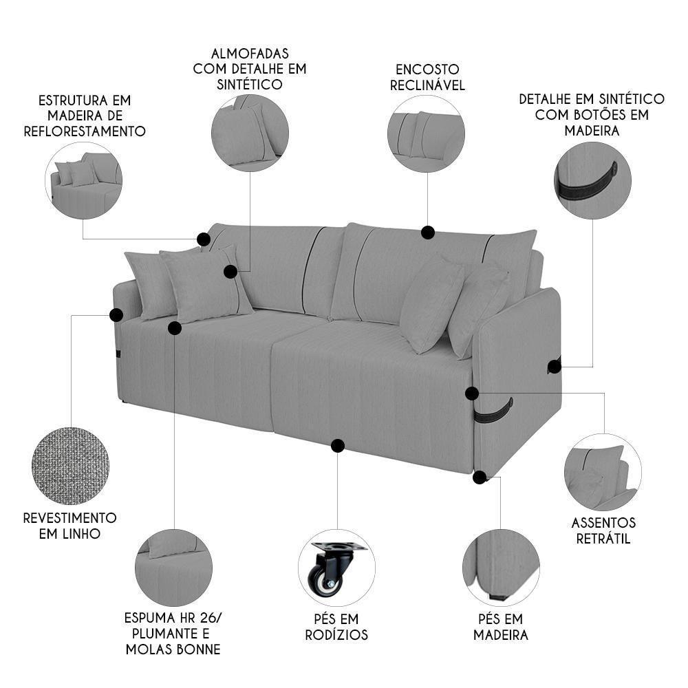 Sofá Cama Retrátil 200cm Essence D05 Linho Grafite-preto - Mpozenato - 3