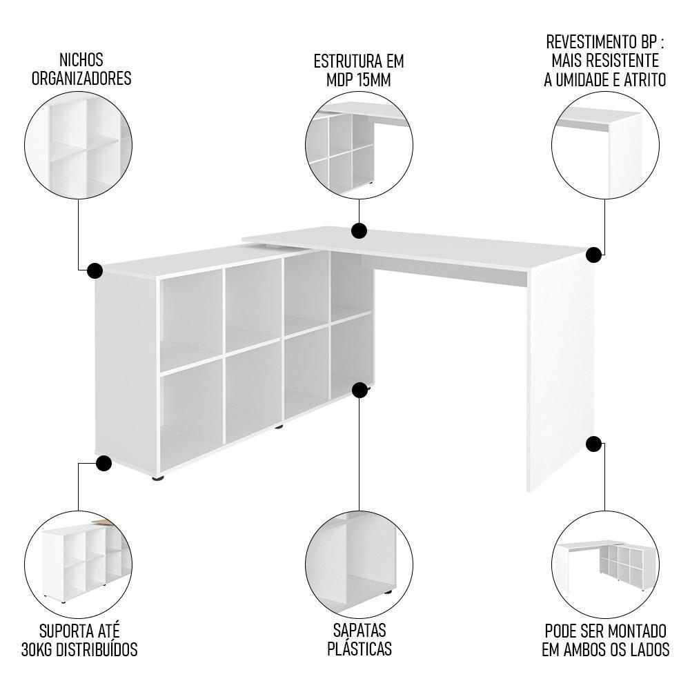 Mesa Escrivaninha Em L 140x130cm 8 Nichos Eron A06 Branco - Mpozenato - 3
