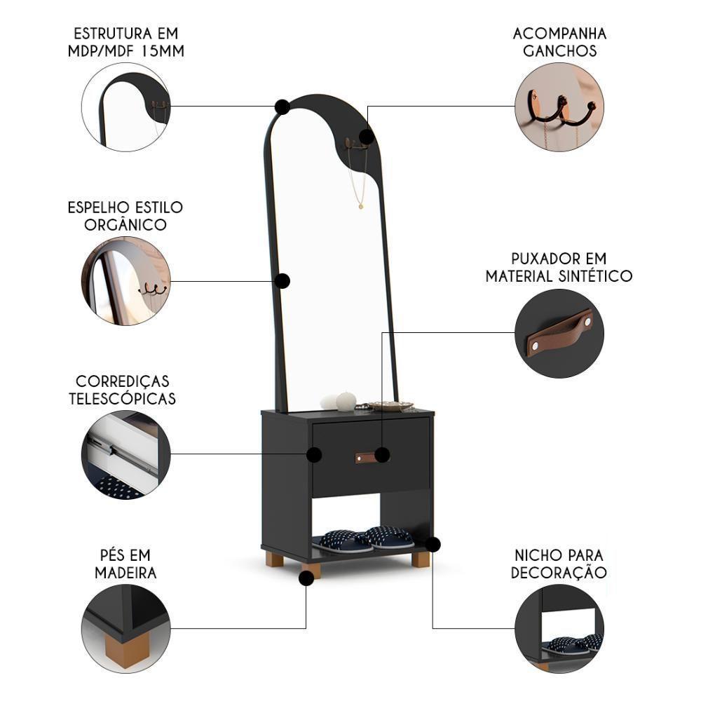 Toucador Penteadeira Com Espelho 1 Gaveta Organic Preto - Ej Móveis - 3