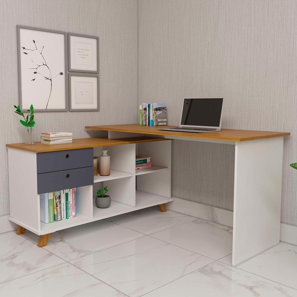 Mesa Escrivaninha Em L 2 Gavetas E Nichos Golden A06 Freijó-grafito-branco - Mpozenato - 6