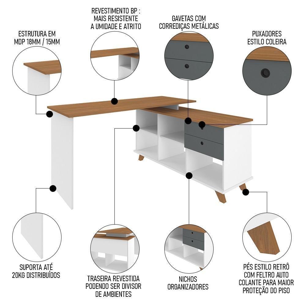 Mesa Escrivaninha Em L 2 Gavetas E Nichos Golden A06 Freijó-grafito-branco - Mpozenato - 7