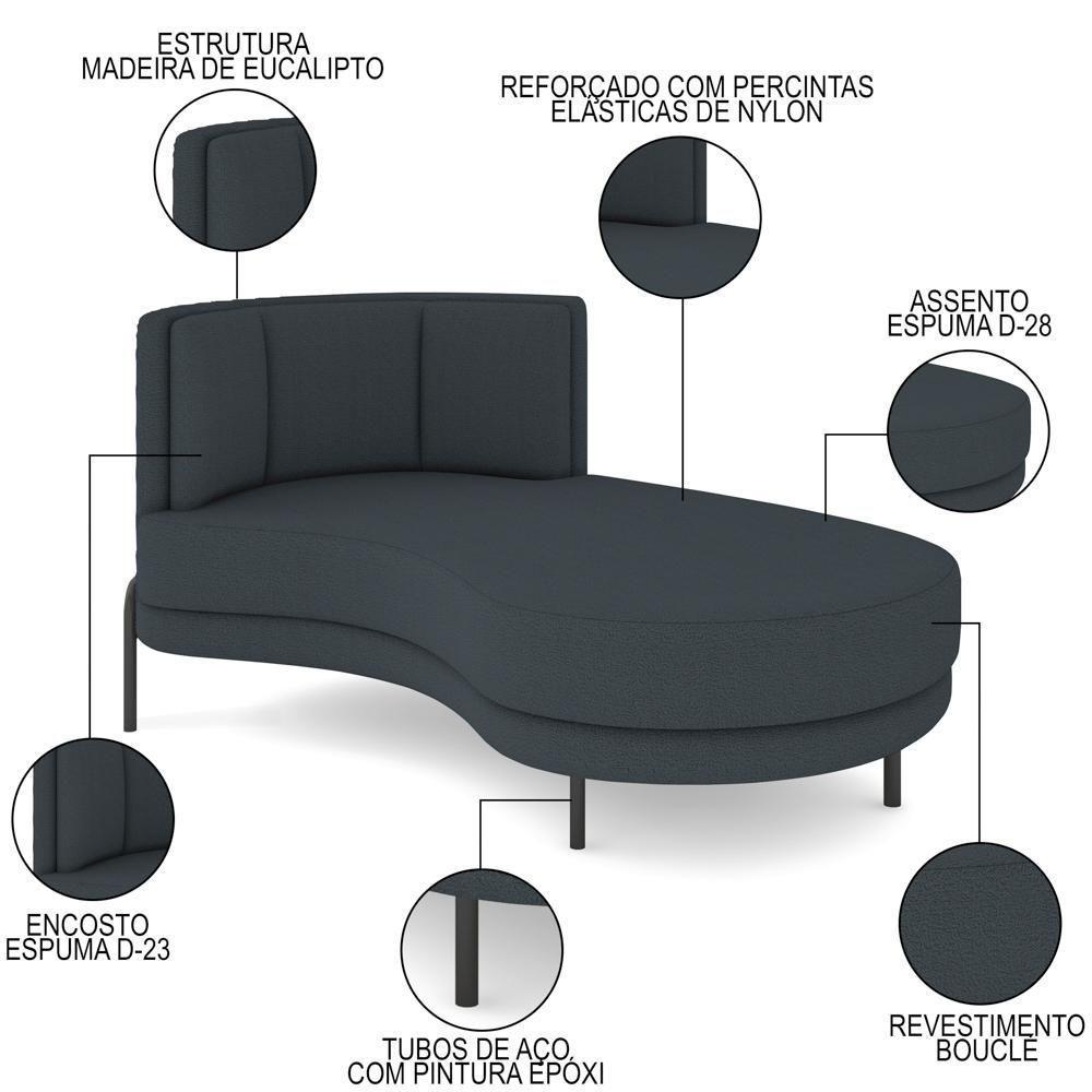 Chaise Longue Divã 164cm Braço Esquerdo Logus D06 Bouclê Chumbo - Mpozenato - 6