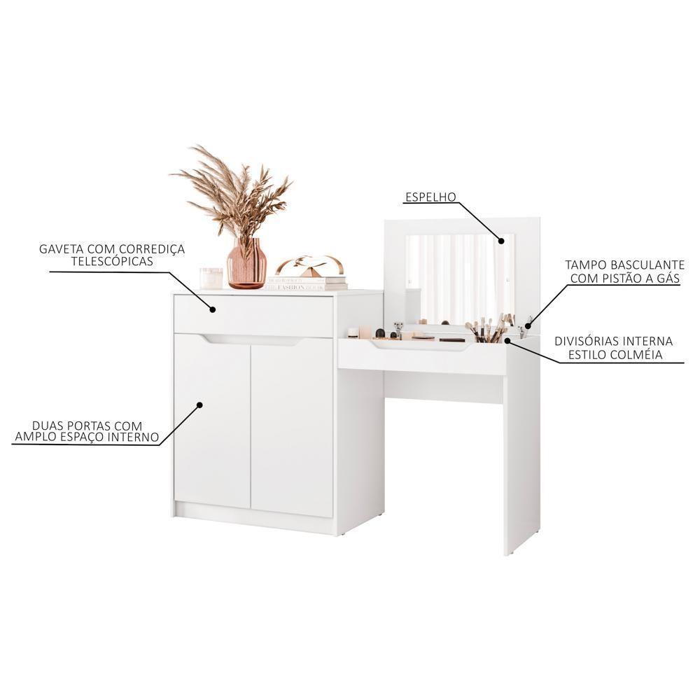 Penteadeira Escrivaninha Com Espelho 2 Portas 1 Gaveta Bent A02 Branco Fosco - Mpozenato - 3