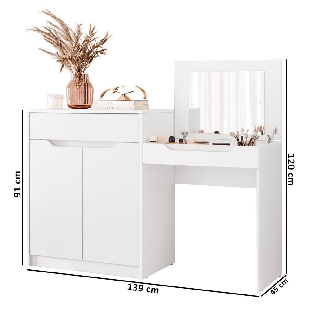 Penteadeira Escrivaninha Com Espelho 2 Portas 1 Gaveta Bent A02 Branco Fosco - Mpozenato - 4