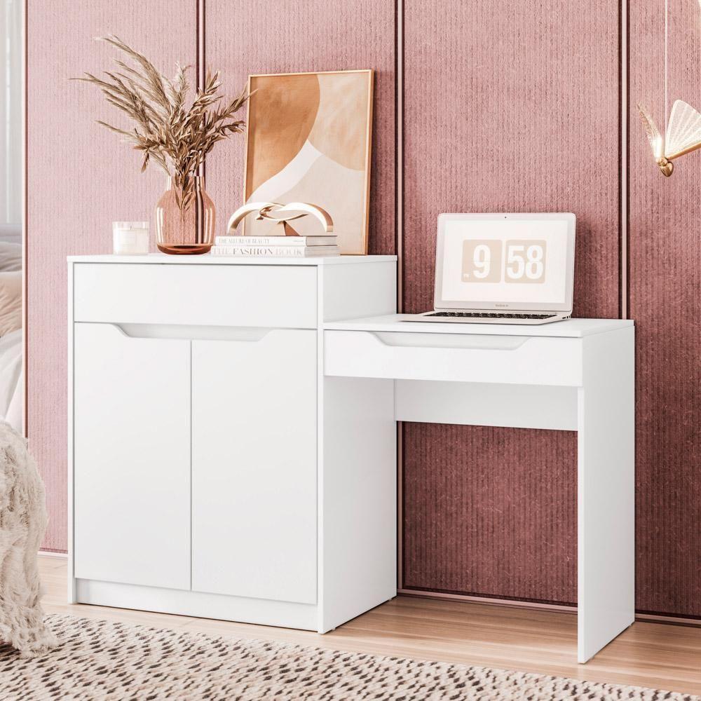 Penteadeira Escrivaninha Com Espelho 2 Portas 1 Gaveta Bent A02 Branco Fosco - Mpozenato - 7