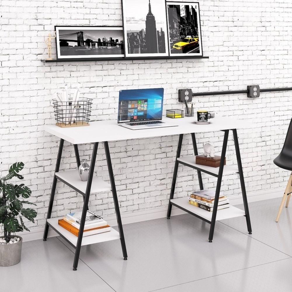 Mesa Escrivaninha Cavalete 135cm Estilo Industrial Prisma C08 Branco Chess-preto - Mpozenato - 2