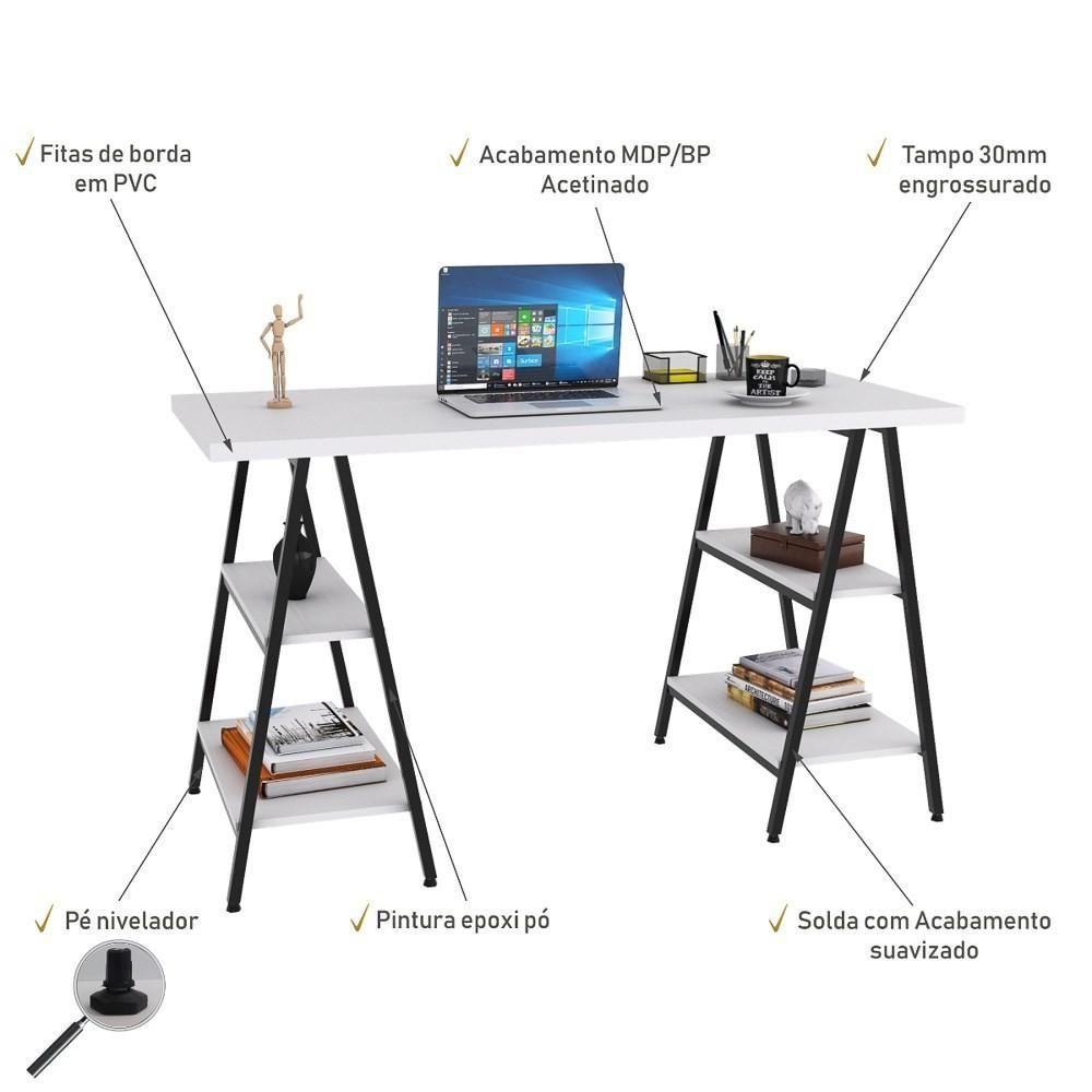 Mesa Escrivaninha Cavalete 135cm Estilo Industrial Prisma C08 Branco Chess-preto - Mpozenato - 3