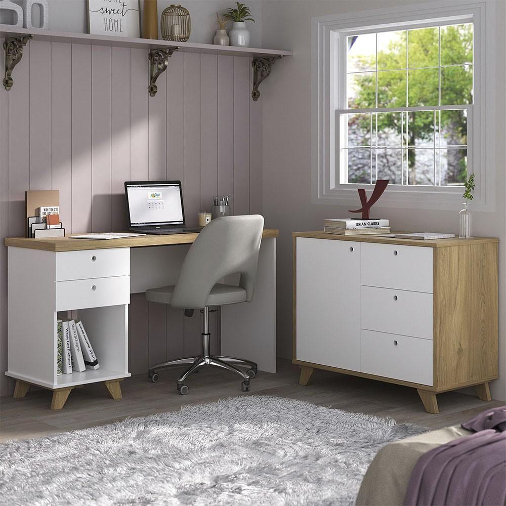 Mesa Escrivaninha 135cm Elai E Balcão 1 Porta 3 Gavetas Merano A06 Olmo-branco - Mpozenato - 2