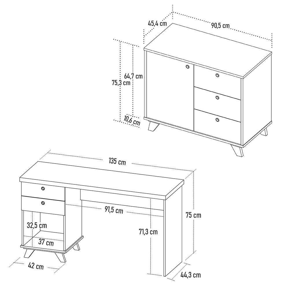 Mesa Escrivaninha 135cm Elai E Balcão 1 Porta 3 Gavetas Merano A06 Olmo-branco - Mpozenato - 4