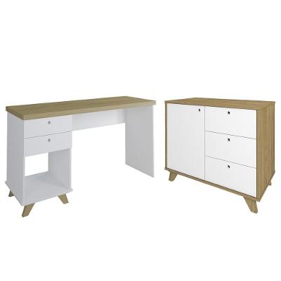 Conjunto Retangular Mesa Escrivaninha 135cm Elai e Balcão 1 Porta 3 Gavetas MDF Branco