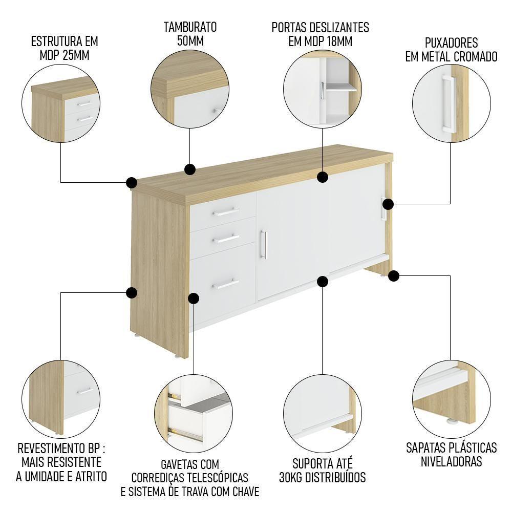 Conjunto Escritório 3 Peças Mesa 158cm Corp A06 Carvalho-branco - Mpozenato - 2