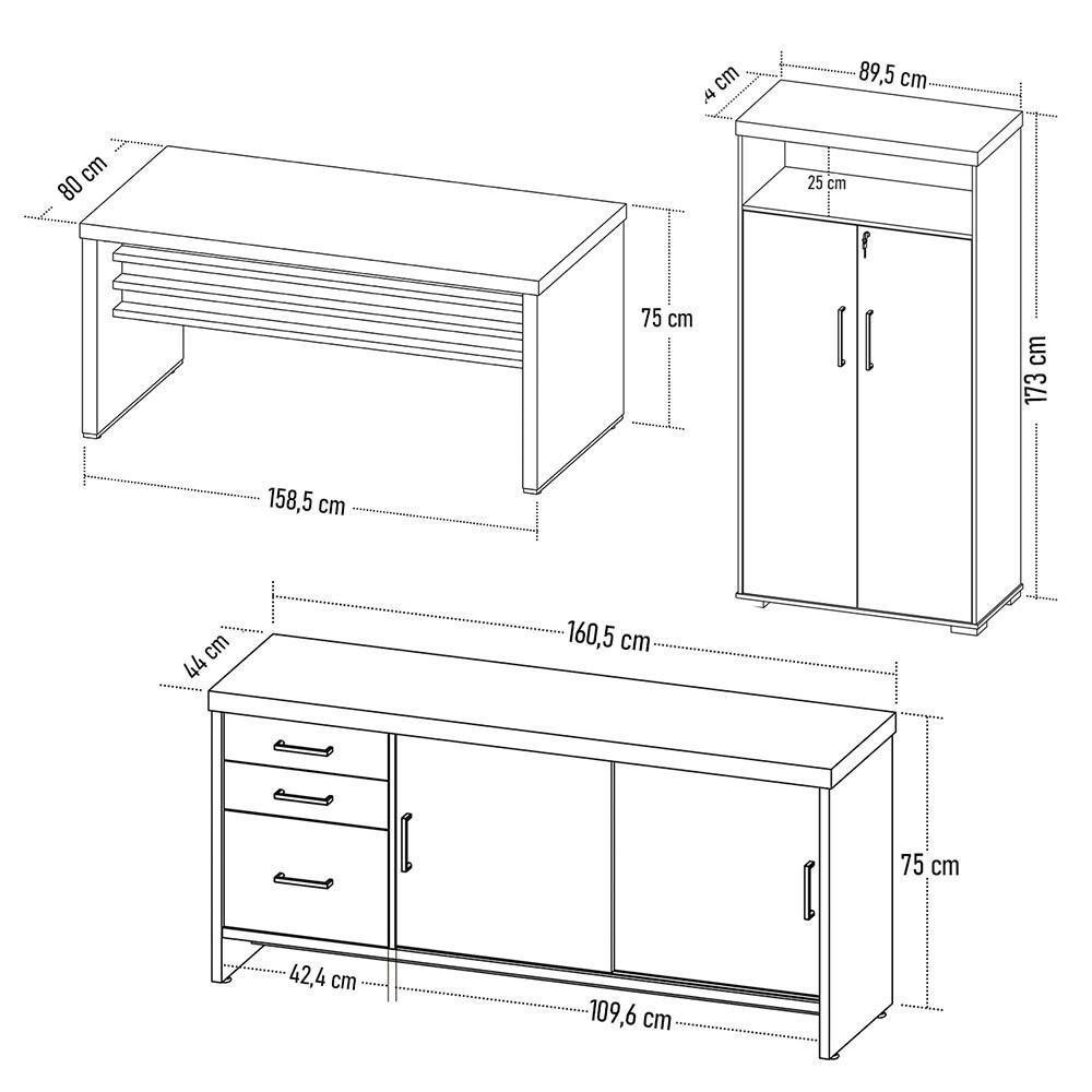 Conjunto Escritório 3 Peças Mesa 158cm Corp A06 Charuto-preto - Mpozenato - 5