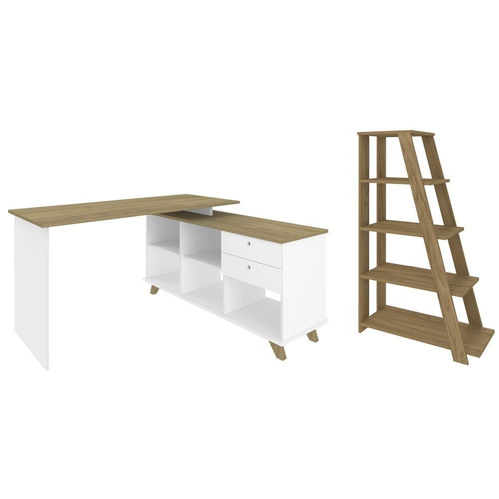 Mesa Escrivaninha Em L Golden E Estante Livreiro Stela A06 Olmo-branco - Mpozenato - 1