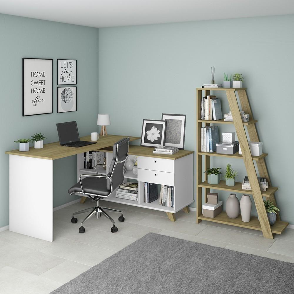 Mesa Escrivaninha Em L Golden E Estante Livreiro Stela A06 Olmo-branco - Mpozenato - 2