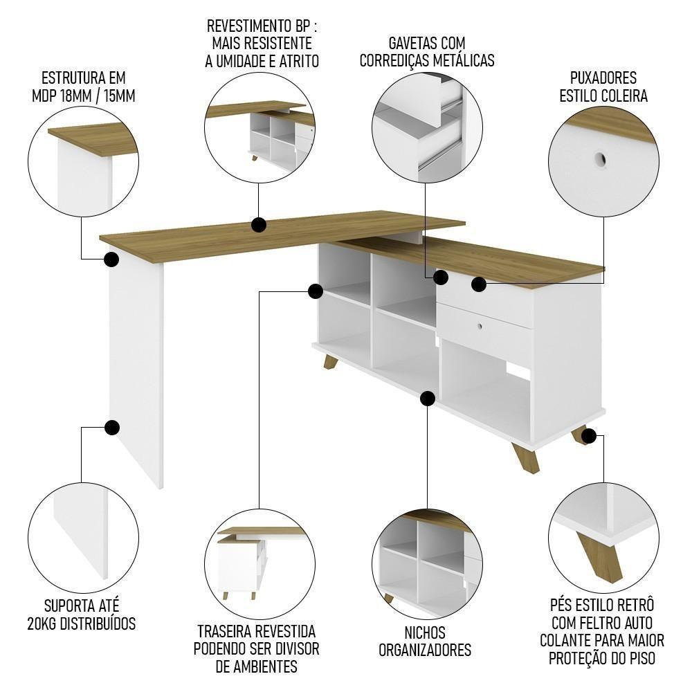 Mesa Escrivaninha Em L Golden E Estante Livreiro Stela A06 Olmo-branco - Mpozenato - 3