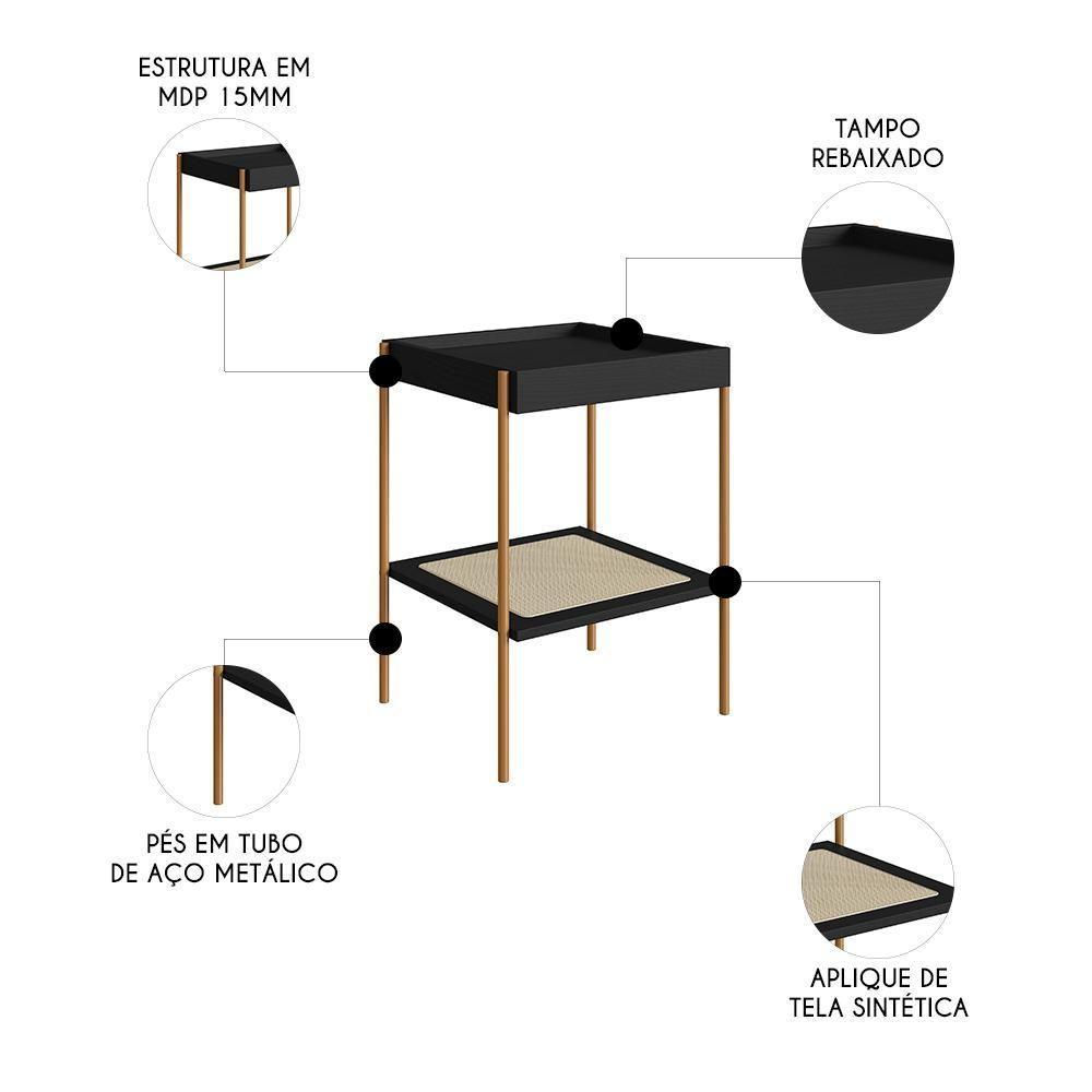 Mesa Lateral Com Prateleira Pé Metal Arlo A10 Nero-dourado - Mpozenato - 3