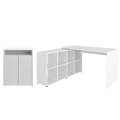 Mesa Escrivaninha em l Eron Look A06 com Balcão 2 Portas MDP 140.3cm Branco Mpozenato
