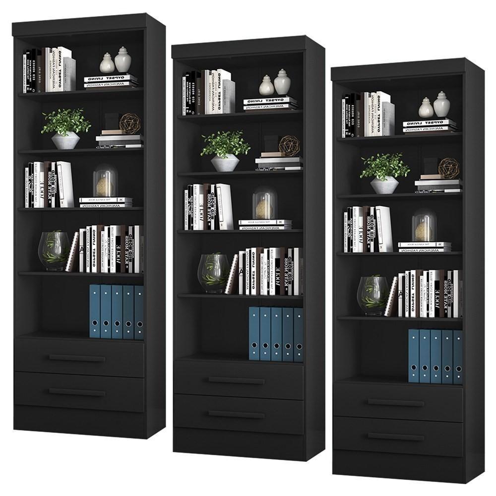 Kit 3 Estantes Livreiro 2 Gavetas E 5 Prateleiras Fancy Q01 Preto Fosco - Mpozenato - 1