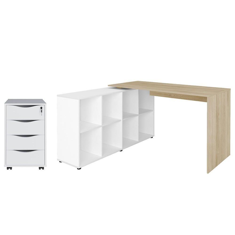 Mesa Escrivaninha Em L Eron E Gaveteiro Com Rodízios Mity A06 Carvalho-branco - Mpozenato - 1