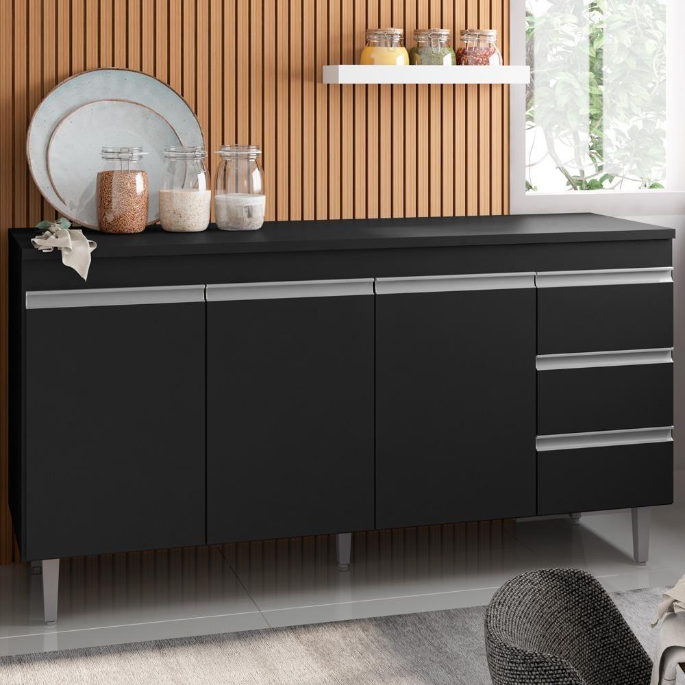 Balcão Gabinete Para Pia 160cm Com Tampo 3 Portas Andréia Preto - Ajl Móveis - 4