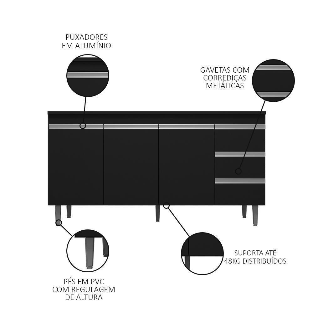 Balcão Gabinete Para Pia 160cm Com Tampo 3 Portas Andréia Preto - Ajl Móveis - 5