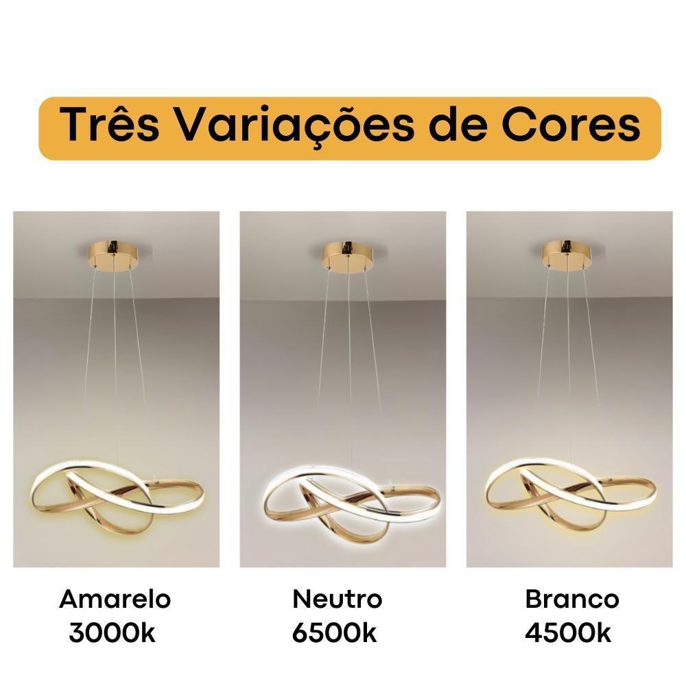 Luminaria Lustre Pendente De Led Para Sala De Estar Com Regulagem Bivolt 3 Cores Em 1 Waves Dourada Dourada - 6