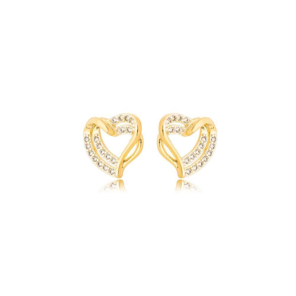 Brinco Coração Duplo Cravejado Banhado A Ouro 18k - 1