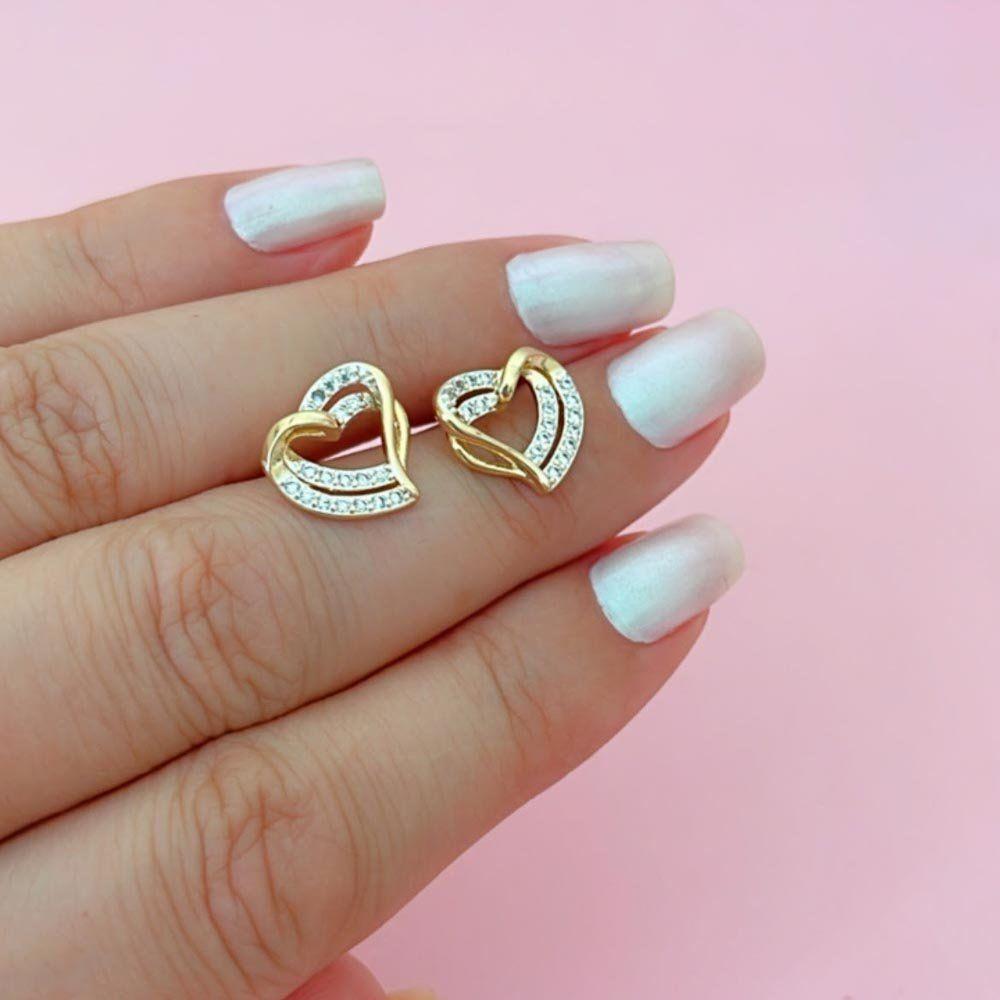Brinco Coração Duplo Cravejado Banhado A Ouro 18k - 2