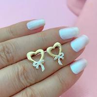 Brinco Coração Com Laço Cravejado Banhado A Ouro 18k - 2