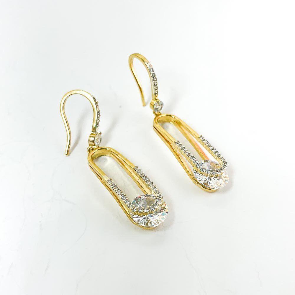 Brinco Luxuoso Gancho Cravejado Com Ponto De Luz Banhado A Ouro 18k - 3