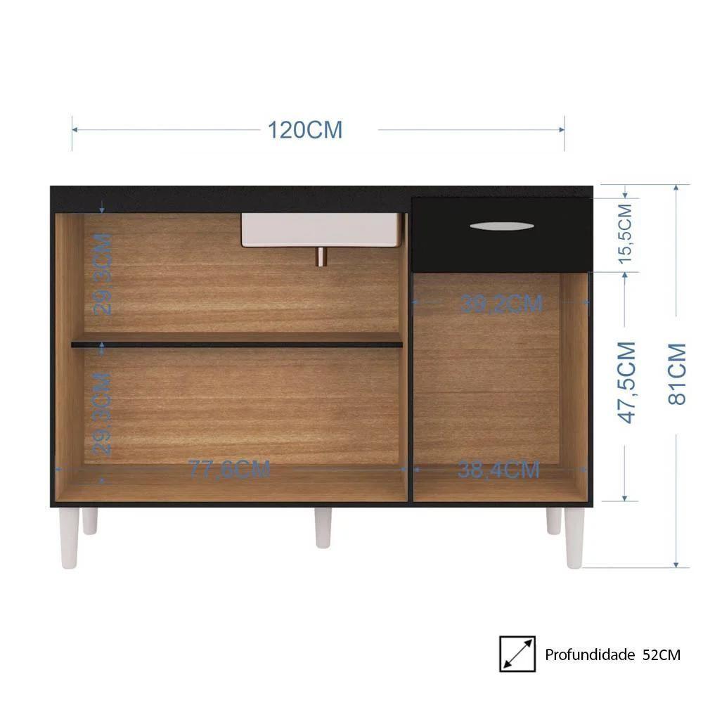 Balcão Gabinete De Pia Para Cozinha 120cm 3 Portas Classic P11 Preto - Mpozenato - 4