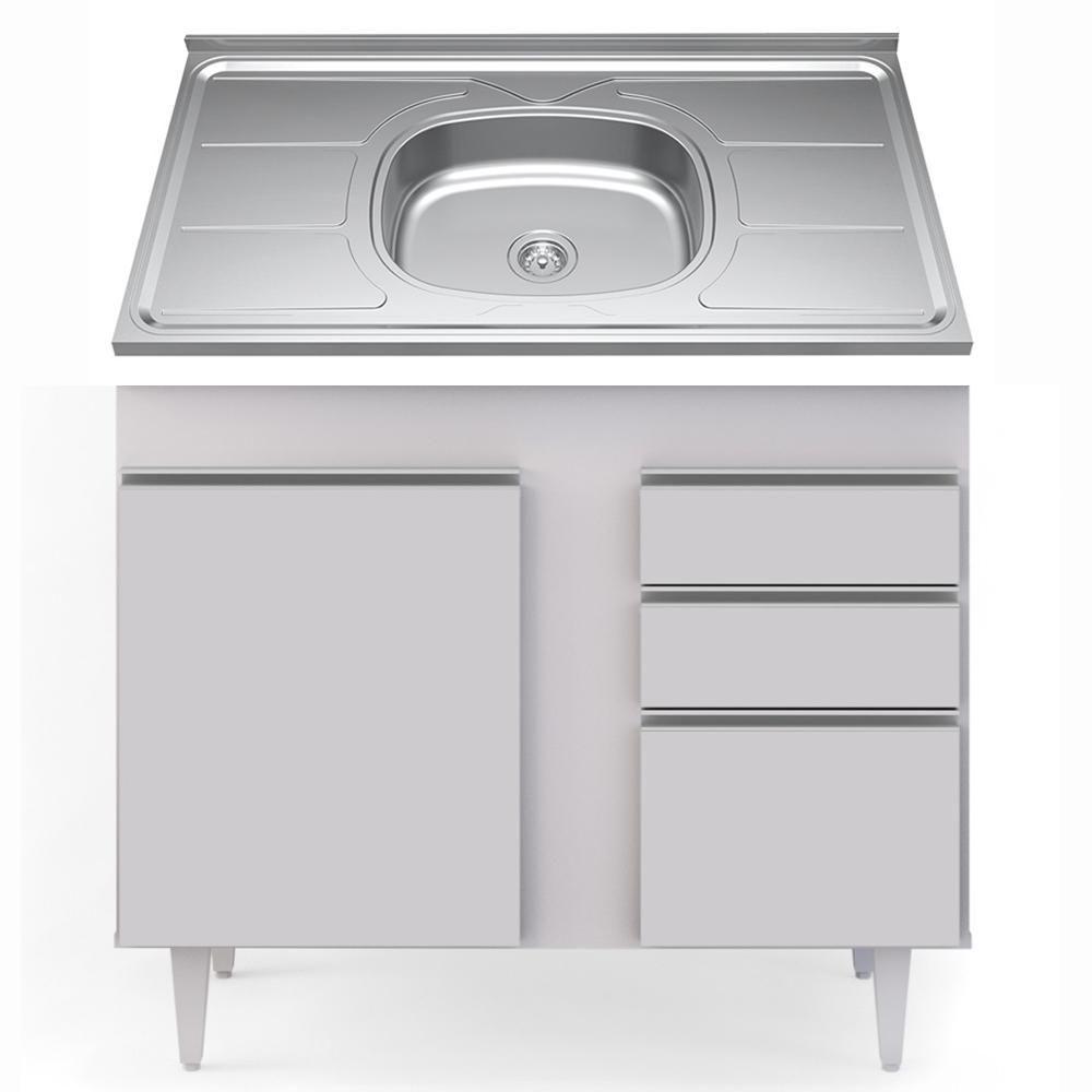Balcão Gabinete Com Pia Inox 100cm 2 Portas 2 Gavetas Luziania Branco - Lumil - 1