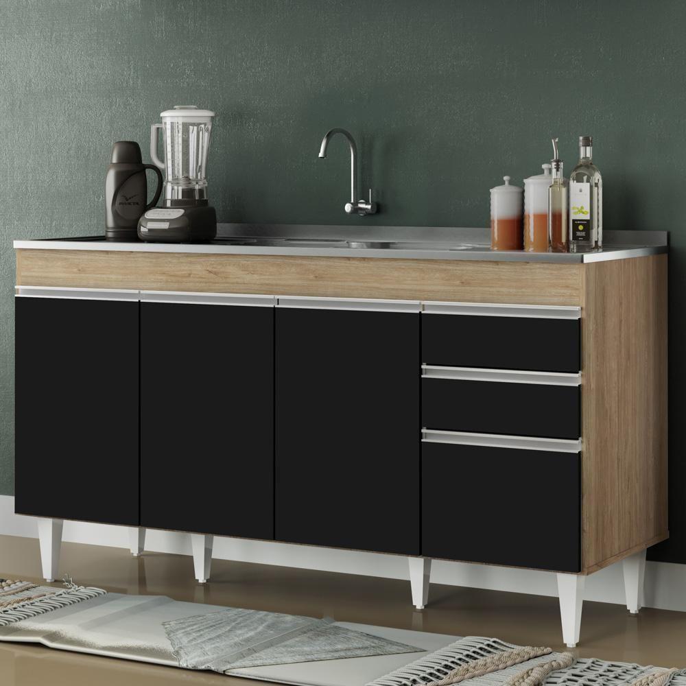 Balcão Gabinete Com Pia Inox 150cm Marrocos Castanho-preto - Lumil - 2