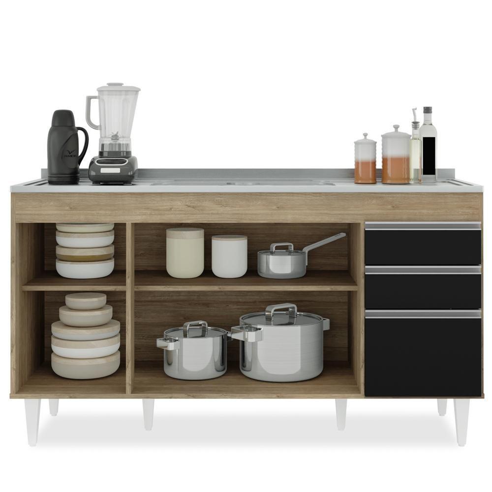 Balcão Gabinete Com Pia Inox 150cm Marrocos Castanho-preto - Lumil - 3