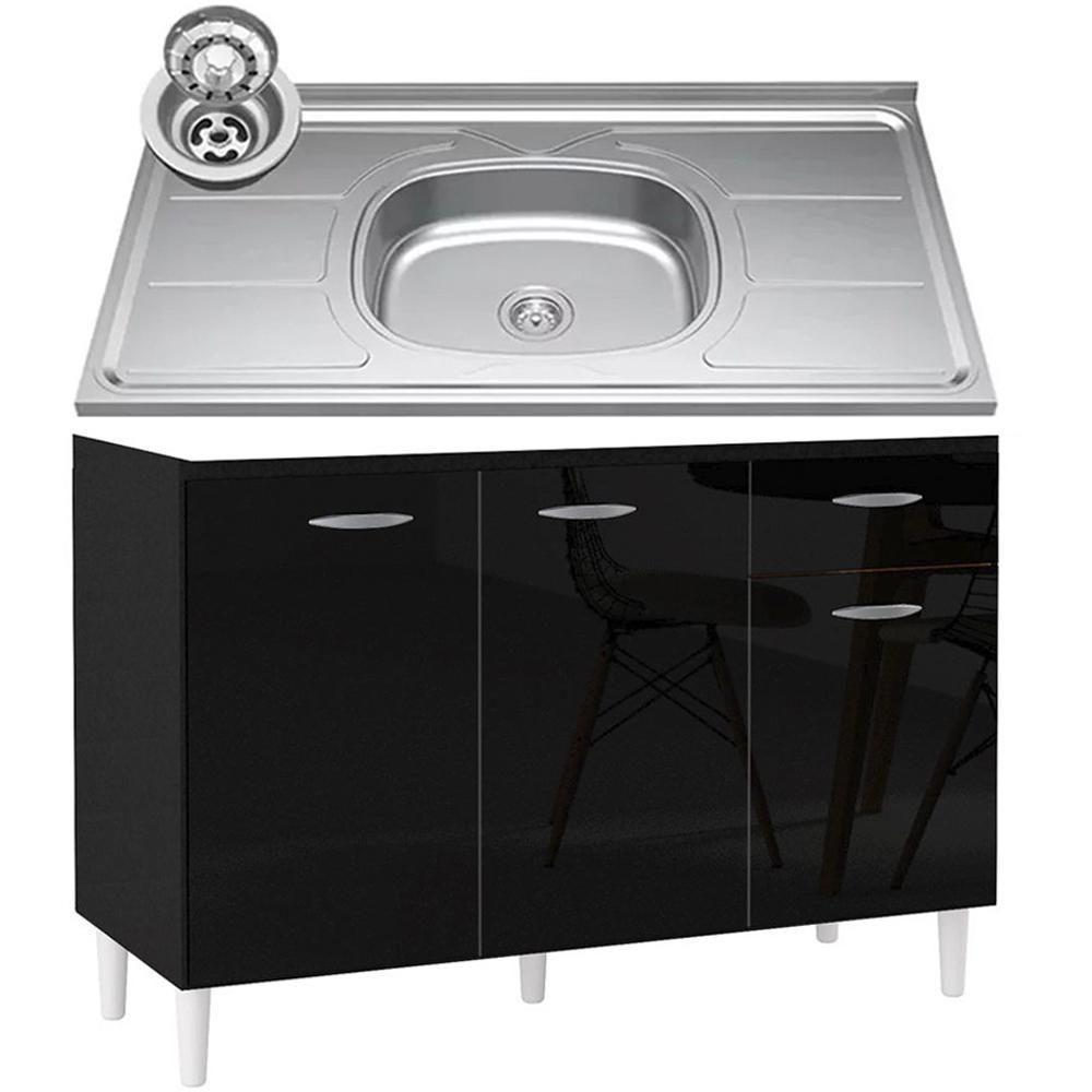 Balcão De Cozinha Com Pia Inox 120cm 3 Portas Classic P11 Preto - Mpozenato - 1