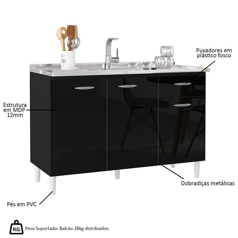 Balcão De Cozinha Com Pia Inox 120cm 3 Portas Classic P11 Preto - Mpozenato - 6