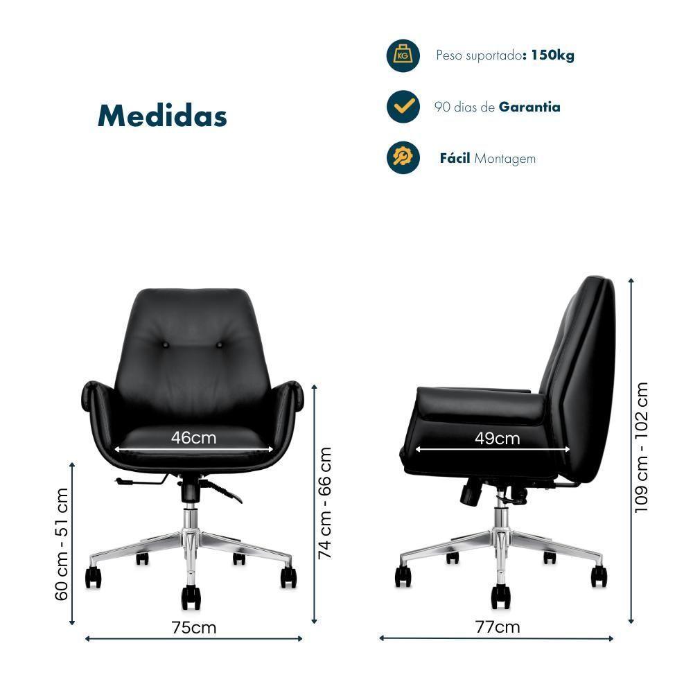 Cadeira De Escritório Home Office Diretor Prestige Preta Base Giratória Cromada Preto - 4