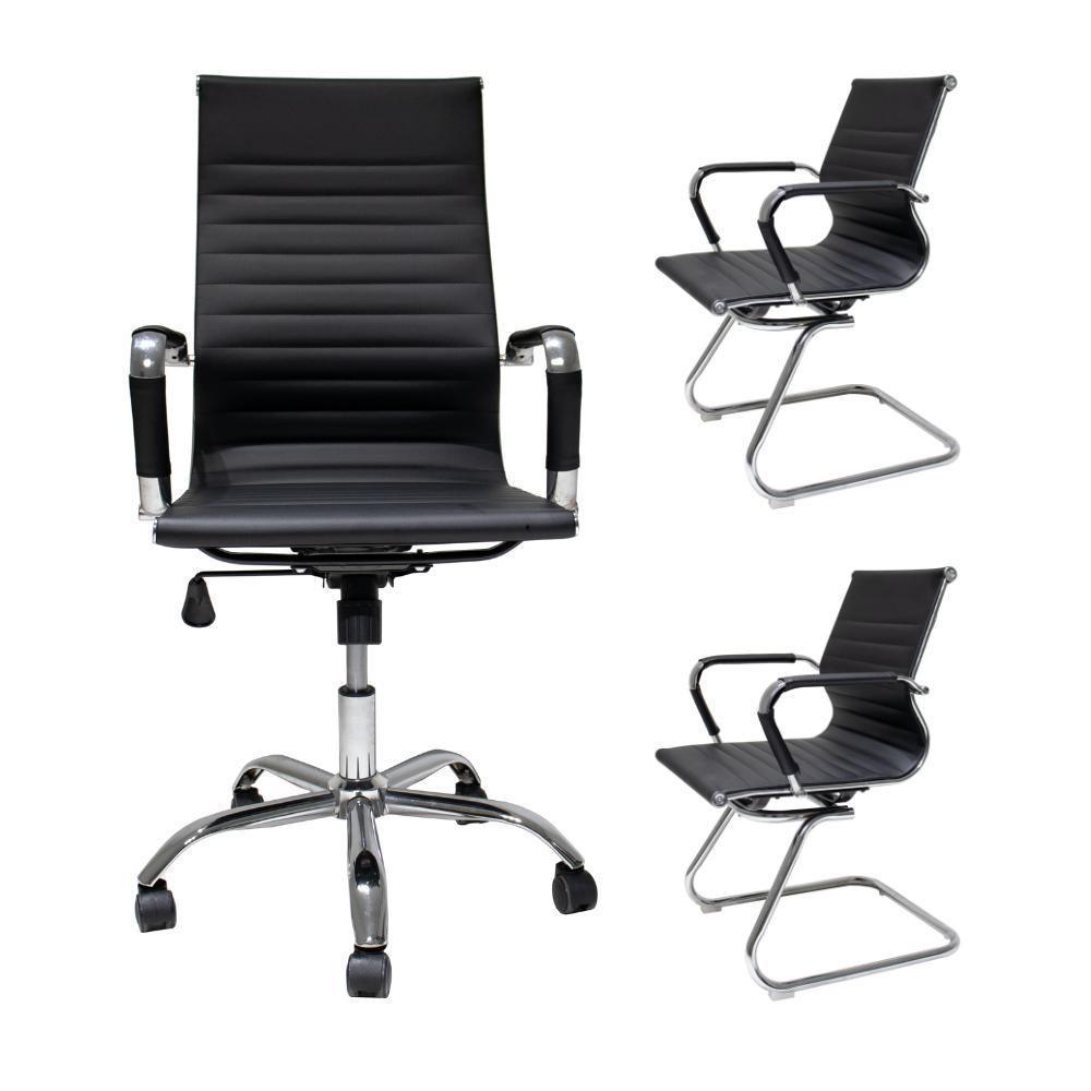 Kit Cadeira De Escritório Stripes Presidente + 2 Cadeiras De Escritório Stripes Fixas Pretas - 1