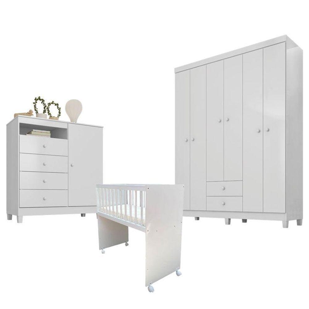 Quarto Bebê 6 Portas Ternura Baby E Mini Berço Moisés Alegria Com Colchão Branco Flex - Incorplac - 1
