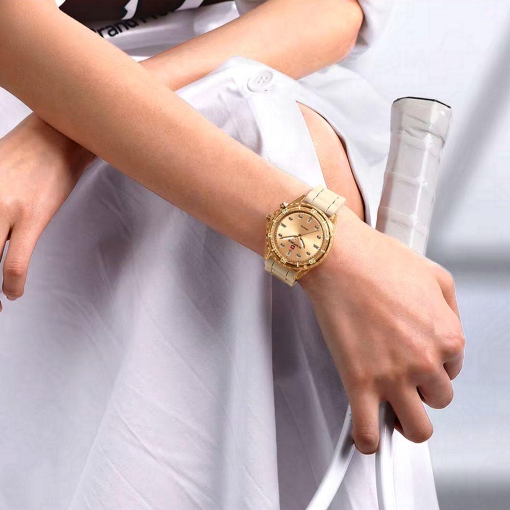 Relógio De Quartzo Feminino Design Casual Pulseira De Silicone 5atm à Prova D´agua Bege - 3