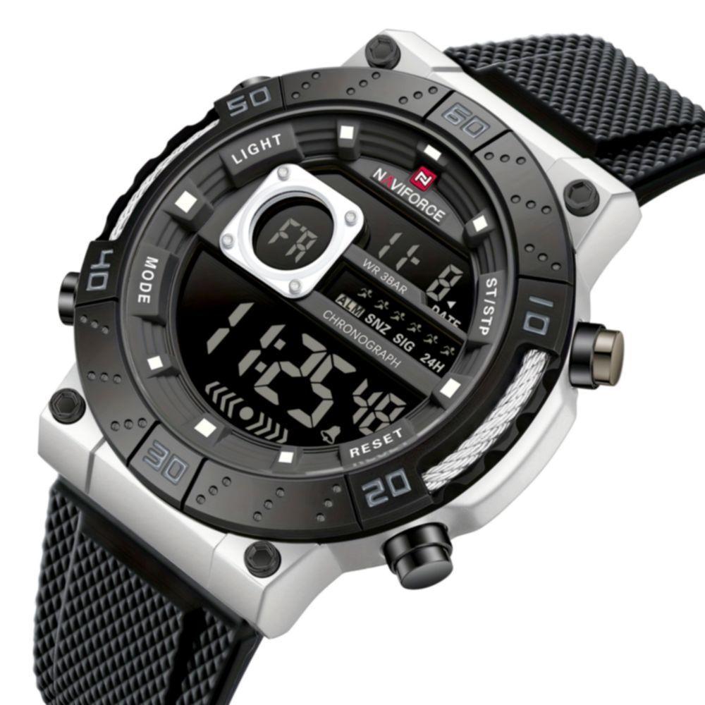 Relógio Esportivo Digital Masculino Pulseira De Silicone Texturizada Impermeavel Prata Preto - 2