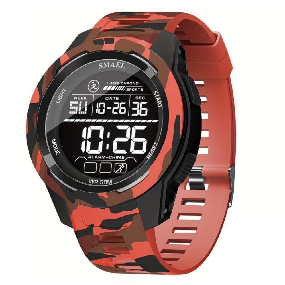 Relógio Esportivo Multifuncional Display Led Com Pulseira Tpu à Prova D'água Vermelho Camuflado - 1